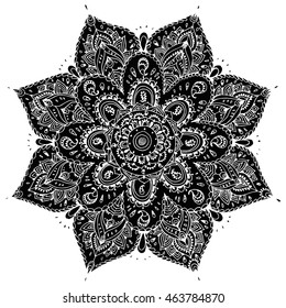 The abstract circle of the lines. Mandala. Line art. Black and white drawing by hand. Circle of ornaments. Zentangl. Doodle. Tattoo. India. Buddhism.