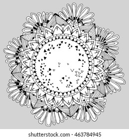 The abstract circle of the lines. Mandala. Line art. Black and white drawing by hand. Circle of ornaments. Zentangl. Doodle. Tattoo. India. Buddhism.