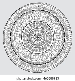 The abstract circle of the lines. Mandala. Line art. Black and white drawing by hand. Circle of ornaments. Zentangl. Doodle. Tattoo. India. Buddhism.