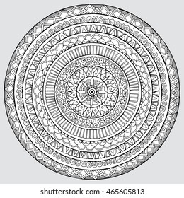 The abstract circle of the lines. Mandala. Line art. Black and white drawing by hand. Circle of ornaments. Zentangl. Doodle. Tattoo. India. Buddhism.