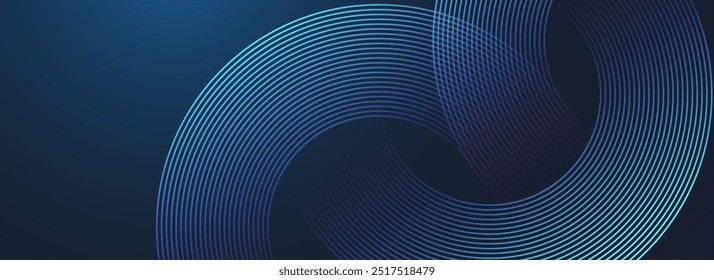 Abstract circle lines on dark blue background. Geometric stripe line art design for poster, brochure, cover, website, header, web banner, presentation.