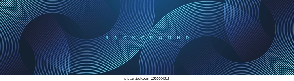 Abstract circle lines on dark blue background. Geometric stripe line art design for poster, brochure, cover, website, header, web banner, presentation.