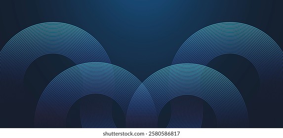 Abstract circle lines on dark blue background. Geometric stripe line art design for poster, brochure, cover, website, header, web banner, presentation.