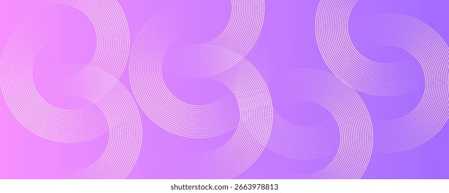 Linhas de círculo abstratas em fundo rosa e roxo. Projeto de arte de linha de faixa geométrica para cartaz, brochura, capa, site, cabeçalho, banner da web, apresentação.