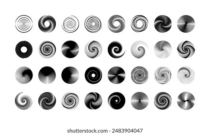 Abstract circle with lines as a spiral or propeller. Circle dotted speed lines. Abstract round halftone circle frames, rotating dotted circle shapes. Halftone circular dotted frames set.
