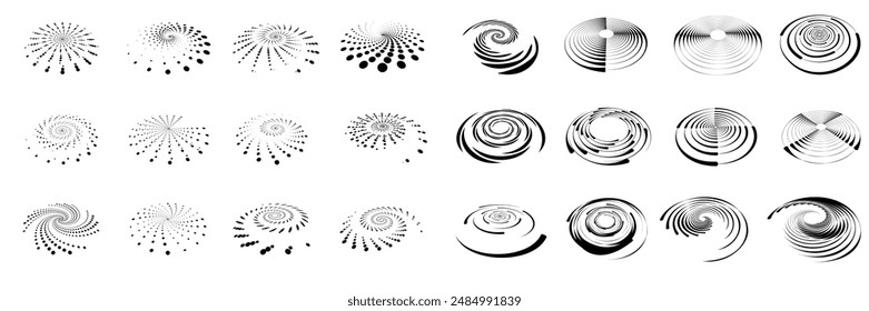 Abstract circle with lines as a spiral or propeller. Circle dotted speed lines. Abstract round halftone circle frames, rotating dotted circle shapes. Halftone circular dotted frames set.