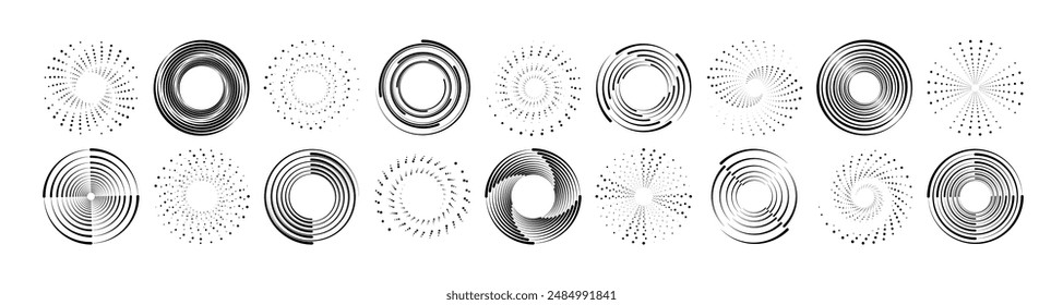 Abstract circle with lines as a spiral or propeller. Circle dotted speed lines. Abstract round halftone circle frames, rotating dotted circle shapes. Halftone circular dotted frames set.