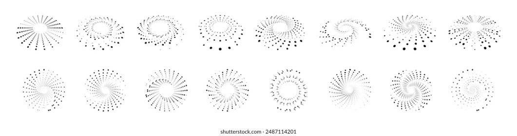 Círculo Abstractas con líneas en espiral o hélice. Circular líneas de velocidad punteadas. Abstractas marcos redondos de semitonos, Formas giratorias de círculos punteados. Conjunto de marcos de puntos circulares de semitonos.