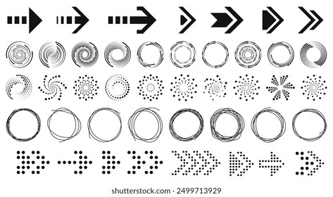 Abstract circle with lines as a spiral or propeller. Spotted spray texture. Black arrow icons set. Light rays of burst. Vector illustration.	