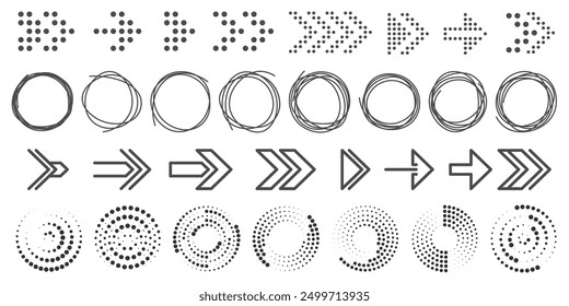 Abstract circle with lines as a spiral or propeller. Spotted spray texture. Black arrow icons set. Light rays of burst. Vector illustration.	