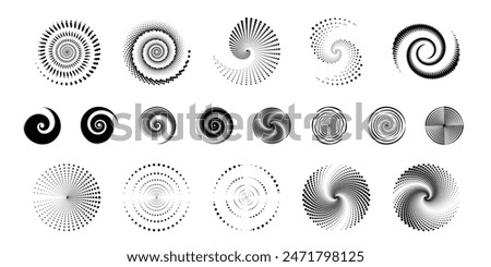 Abstract circle with lines as a spiral or propeller. Circle dotted speed lines. Abstract round halftone circle frames, rotating dotted circle shapes. Halftone circular dotted frames set.	