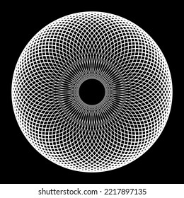 Abstract Circle Lines Spirograph Pattern. Round Rotation White Design Element on Black Background. Vector Art.