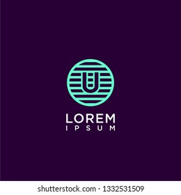 abstract circle lines U logo letter design concept in cyan color and purple background