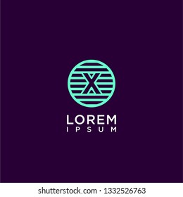 abstract circle lines X logo letter design concept in cyan color and purple background