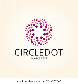 Abstract circle logo design template. Vector points wheel logotype illustration. Graphic round geometric icon sign for creative company. Dot sphere colorful label. Letter O sign isolated on background