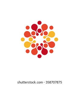 Abstract circle logo. Red, orange, yellow color logotype template. Chemistry and medical business picture. Round Bubbles shape. Unusual liqiuid drop. 