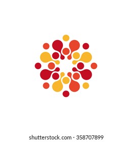 Abstract circle logo. Red, orange, yellow color logotype template. Chemistry and medical business picture. Round Bubbles shape. Unusual liquid drop. 