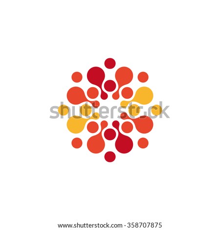 Abstract circle logo. Red, orange, yellow color logotype template. Chemistry and medical business picture. Round Bubbles shape. Unusual liqiuid drop. 