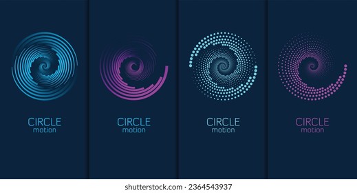 abstract circle logo zen symbol dotted halftone cyclic swirl twirl shape, spiral round movement motion radial rotation logotype or vector background