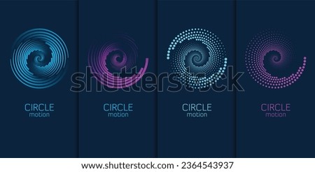 abstract circle logo zen symbol dotted halftone cyclic swirl twirl shape, spiral round movement motion radial rotation logotype or vector background