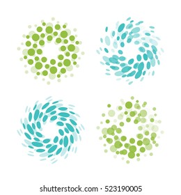 Abstract circle logotype set. Green and blue dotted round isolated chem logo collection. Virus icon. Unusual sun. Flower symbol. Spiral sign.Vector germs illustration