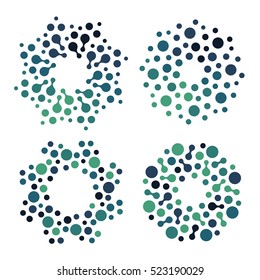 Abstract Circle Logotype Set. Green And Blue Dotted Round Isolated Chem Logo Collection. Virus Icon. Unusual Sun. Flower Symbol. Spiral Sign.Vector Germs Illustration