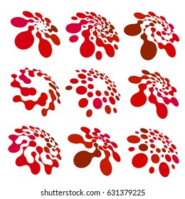 Abstract circle logotype set. Red dotted round isolated chem logo collection. Virus icon. Unusual sun. Flower symbol. Spiral sign.Vector germs illustration.