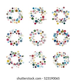Abstract circle logotype set. Unusual dotted round isolated chem logo collection. Virus icon. Colorful sun. Flower symbol. Confetti sign.Vector germs illustration