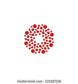 Abstract circle logotype. Unusual dotted round isolated chem logo. Virus icon. Red sun. Flower symbol. Spiral sign.Vector illustration