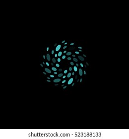 Abstract circle logotype. Unusual dotted round isolated chem logo. Virus icon. Blue water swirl. Flower symbol. Spiral liquid drink sign.Vector germs illustration
