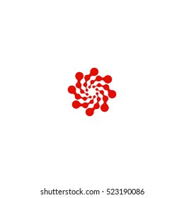 Abstract circle logotype. Unusual dotted round isolated chem logo. Virus icon. Red sun. Flower symbol. Spiral sign.Vector germs illustration