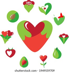 Abstract circle made of different abstract symbols. Flowers, fruits in round shape with heart. Set with different abstract trendy symbols. Illustration for branding projects and organic shops.