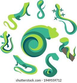 Abstract circle made of different abstract symbols. Lizard, chameleon and reptiles in round shape. Set with different abstract trendy symbols. Illustration for branding projects and pet shops.