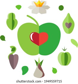 Círculo abstracto hecho de diferentes símbolos abstractos. Flores, frutas y hojas en forma redonda. Se establece con diferentes símbolos abstractos de moda. Ilustración para proyectos de marca y tiendas de frutas.