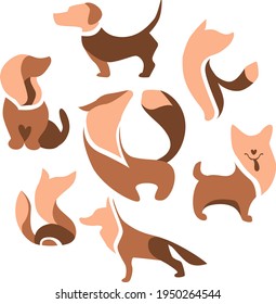 Abstract circle made of different abstract symbols.  Different dogs in round shape. Set with different abstract trendy symbols. Illustration for branding projects and pet shops.