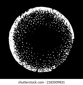 an abstract circle of many points with an uneven line along the edge and an empty space inside. Abstract vector circle of white dots, isolated element on black for a design template