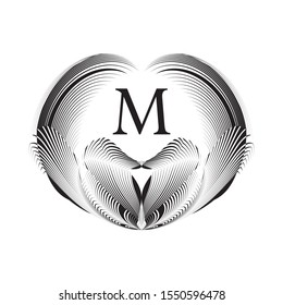 Abstract circle monogram, emblem, coat of arms, blazon, letter M sign, creative geometric floral pattern, vector design element.