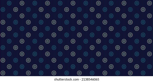 Abstract circle on vertical strip line seamless pattern. Light blue element on indigo and dark blue strip background. For male masculine wear fabric apparel textile garment cover decoration wallpaper.