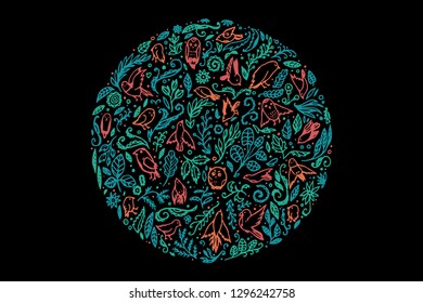 Abstract circle ornament with birds, flowers, leaves. Nature theme. Handmade style. Can be used as a print, cover, background, etc. 
