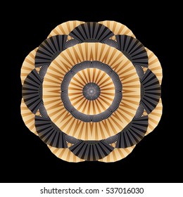 Abstract circle ornament made of black and golden open fans. Vector oriental illustration
