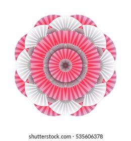 Abstract circle ornament made of pink and silver open fans. Vector oriental illustration isolated on white background