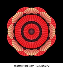 Abstract circle ornament made of red and golden open fans. Vector oriental illustration isolated on black background