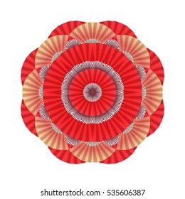 Abstract circle ornament made of red and golden open fans. Vector oriental illustration isolated on white background