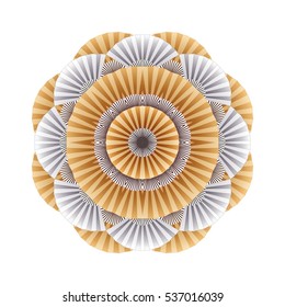 Abstract circle ornament made of silver and golden open fans. Vector oriental illustration isolated on white background