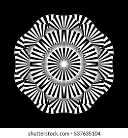 Abstract circle ornament made of striped open fans. Vector graphic illustration isolated on black background illustration. Blackwork tattoo art or coloring page design