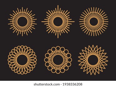 Conjunto de ornamentos de círculo abstracto, forma de sol y estrella, ilustración de estilo de arte de línea, decoración de pared de casa bohemia - Vector