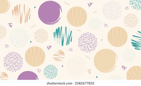 Abstract circle pattern featuring hand-drawn brush textures in beige, teal, and purple on a cream background. Perfect for packaging, stationery, or modern design projects.