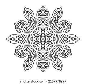 Abstract circle pattern snowflake. monochrome modern circular pattern geometric motif black white, for design elemental, unique coloring book for child adult. Mandala
