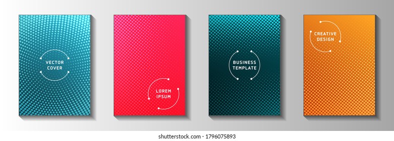Abstract circle perforated halftone cover page templates vector collection. School flyer faded halftone backgrounds. Retro manga comics style title page leaflets. Gradient design.