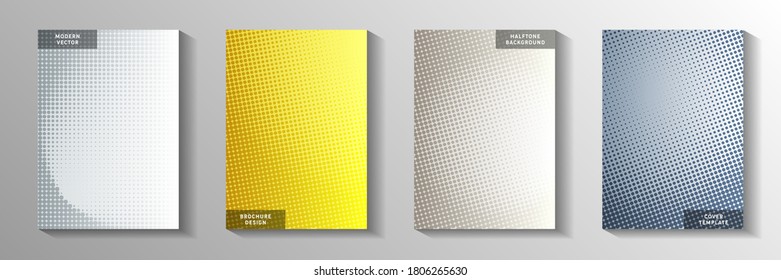 Abstract circle perforated halftone title page templates vector batch. Business poster faded halftone backgrounds. Vintage comics style cover page layouts. Optical effects.
